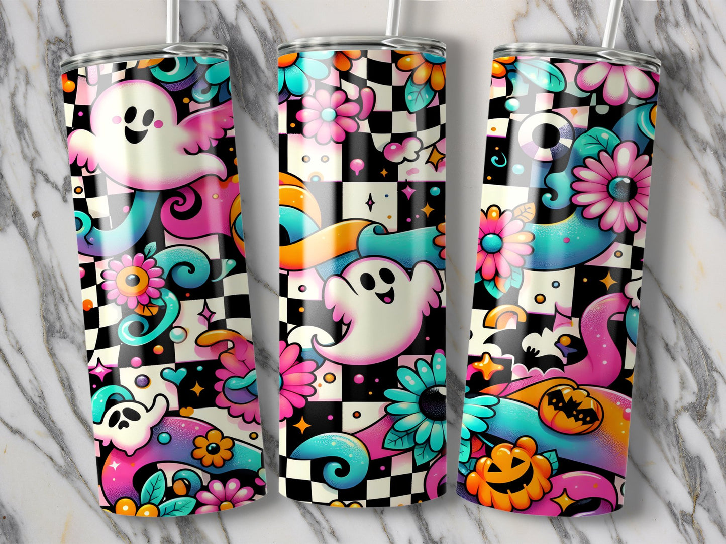 Colorful Ghost and Flower Design on Black Tumbler product