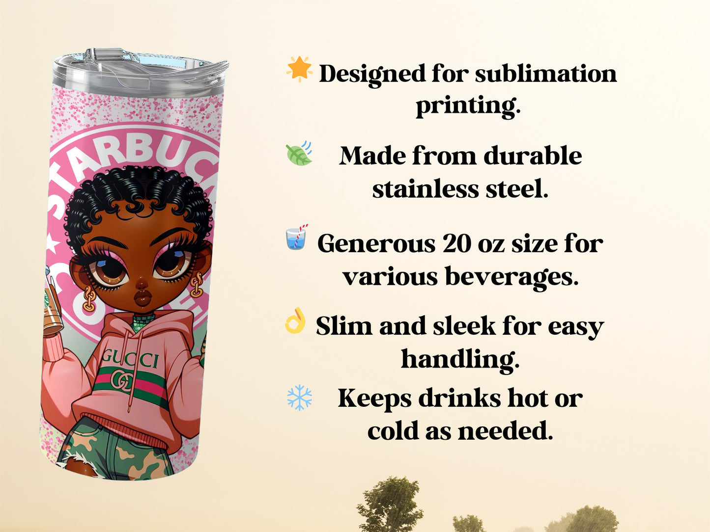 Cute Starbucks Tumbler, Girl Holding Drink Art, Trendy Pink Background Tumbler, Funky Design Tumbler, Coffee Lover Gift