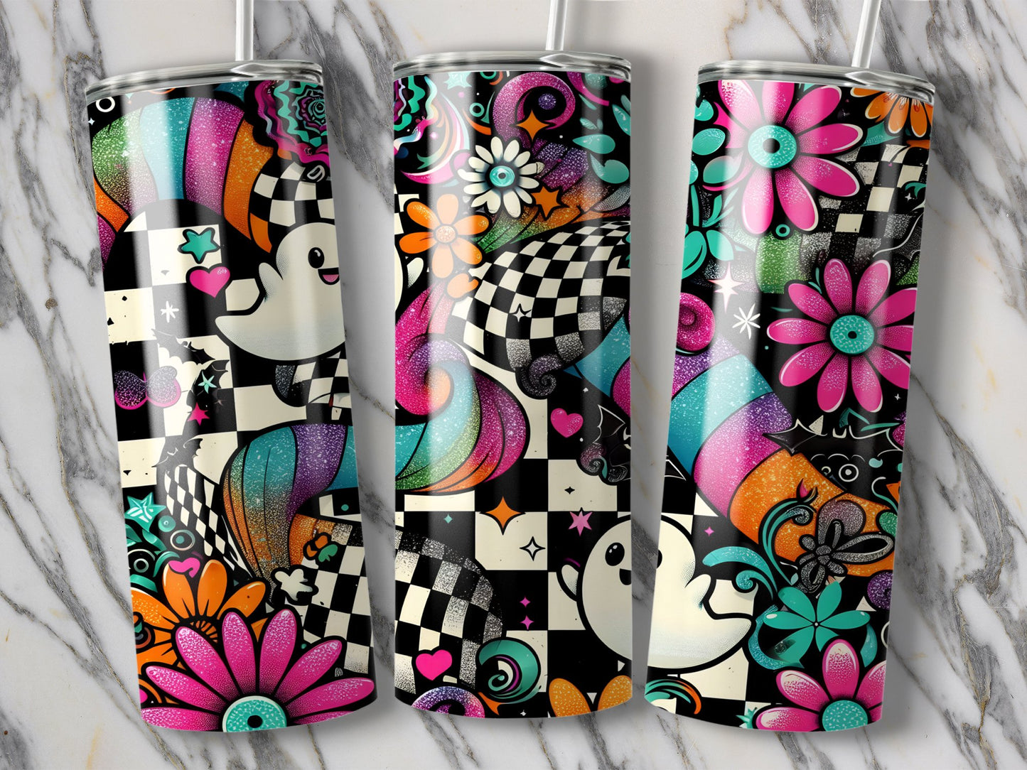 Vivid Abstract Ghosts and Flowers Design Tumbler product