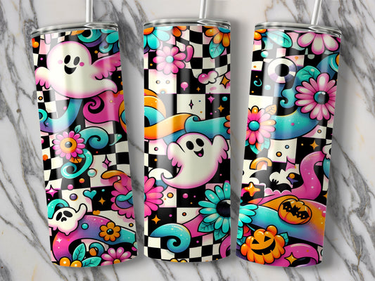 Colorful Ghost and Flower Design on Black Tumbler product