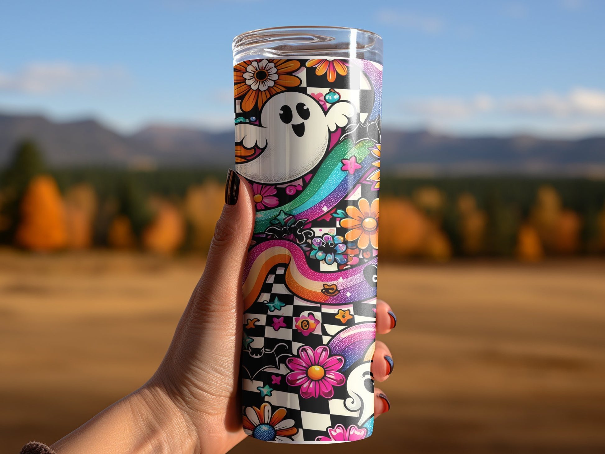 Colorful Ghost and Floral Artistic Design Tumbler product